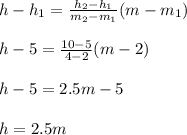 h-h_1=\frac{h_2-h_1}{m_2-m_1}(m-m_1)\\\\h-5=\frac{10-5}{4-2} (m-2)\\\\h-5=2.5m-5\\\\h=2.5m \\