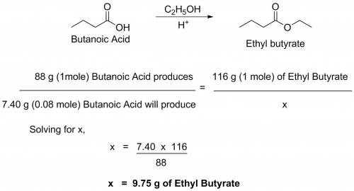 Given 7.40 g of butanoic acid and excess ethanol, how many grams of ethyl butyrate would be synthesi