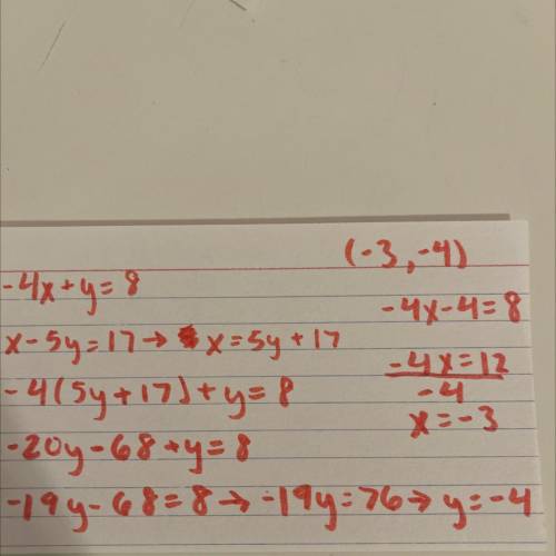 Which ordered pair is a solution to the system of linear equations Negative 4 x + y = 8 and x minus