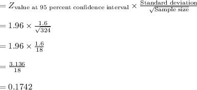 =Z_{\text{value at 95 percent confidence interval}}\times \frac{\text{Standard deviation}}{\sqrt{\text{Sample size}}}\\\\=1.96 \times \frac{1.6}{\sqrt{324}}\\\\=1.96\times \frac{1.6}{18}\\\\=\frac{3.136}{18}\\\\=0.1742