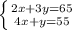 \left \{ {{2x+3y=65} \atop {4x+y=55}} \right.