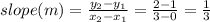 slope (m) = \frac{y_2 - y_1}{x_2 - x_1} = \frac{2 - 1}{3 - 0} = \frac{1}{3}