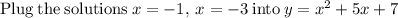 \mathrm{Plug\:the\:solutions\:}x=-1,\:x=-3\mathrm{\:into\:}y=x^2+5x+7