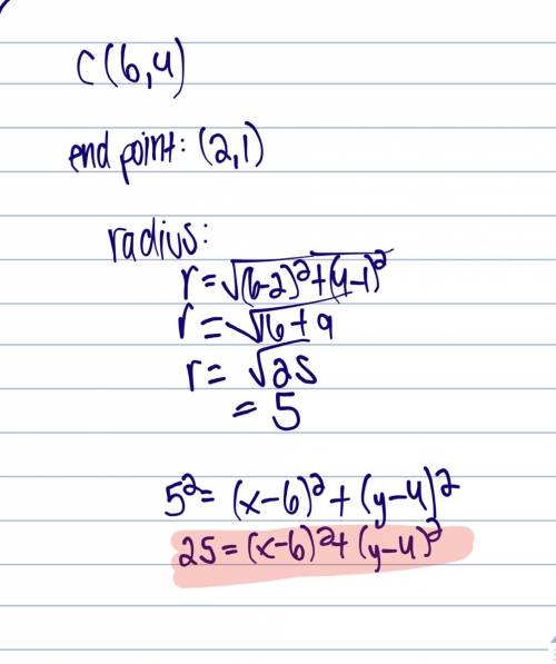 Equation of a circle with center (6,4) that passes through the coordinate (2,1).