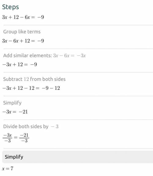 What is the answer to 5 3x + 12- 6x = -9