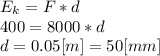 E_{k}=F*d\\400 = 8000*d\\d = 0.05 [m] = 50 [mm]