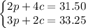 \left\{\begin{matrix}2p + 4c = 31.50\\3p + 2c = 33.25\end{matrix}\right.