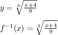 y = \sqrt[3]{\frac{x+4}{9} }\\\\f^{-1}(x) = \sqrt[3]{\frac{x+4}{9} }