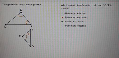 Which similarity transformation could map ADEF to AD'E'F'? dilation and reflection dilation and tran