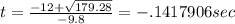 t=\frac{-12+\sqrt{179.28} }{-9.8}=-.1417906 sec