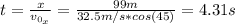 t = \frac{x}{v_{0_{x}}} = \frac{99 m}{32.5 m/s*cos(45)} = 4.31 s