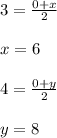 3=\frac{0+x}{2}\\\\x=6\\\\4=\frac{0+y}{2}\\\\y=8