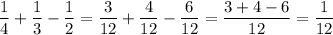 \displaystyle \frac{1}{4}+\frac{1}{3}-\frac{1}{2}=\displaystyle \frac{3}{12}+\frac{4}{12}-\frac{6}{12}=\frac{3+4-6}{12}=\frac{1}{12}