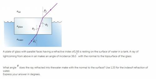 What angle θ3 does the ray refracted into the water make with the normal to the surface?  use 1.33 f