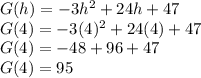 G(h)=-3h^2+24h+47\\G(4)=-3(4)^2+24(4)+47\\G(4)=-48+96+47\\G(4)=95\\