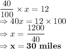 \dfrac{40}{100}\times x = 12\\\Rightarrow 40x=12\times 100\\\Rightarrow x = \dfrac{1200}{40}\\\Rightarrow \bold{x = 30\ miles}