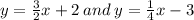 y=\frac{3}{2}x+2\:and\:y=\frac{1}{4}x-3