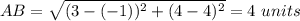 AB = \sqrt{(3-(-1))^2+(4-4)^2} = 4\ units