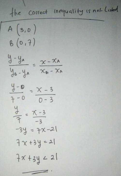 Which of the following inequalities matches the graph (1 point)

A. 2x+y=7
B. 21-y>
C. 2x-ya-7
D.