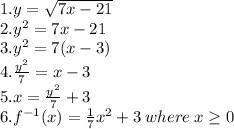 1. y=\sqrt{7x-21}\\2. y^2=7x-21 \\ 3. y^2=7(x-3)\\4. \frac{y^2}{7}=x-3\\ 5. x=\frac{y^2}{7}+3\\6.  f^{-1}(x)=\frac{1}{7}x^2+3 \:where\: x\geq 0