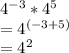 4^{-3} * 4^5\\= 4^{(-3 + 5)}\\= 4^2\\