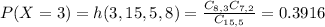 P(X = 3) = h(3,15,5,8) = \frac{C_{8,3}C_{7,2}}{C_{15,5}} = 0.3916