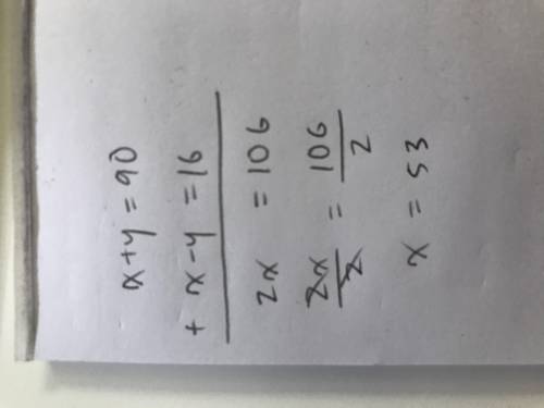 Find the measures of two complementary angles if the difference in their measures is 16.