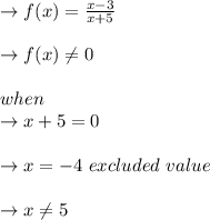 \to f(x) = \frac{x-3}{x+5}\\\\\to f(x) \neq 0\\\\when\\\to x+5=0\\\\\to x=-4  \ excluded \ value \\\\\to x \neq 5
