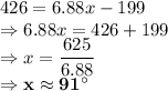 426=6.88x-199\\\Rightarrow 6.88x = 426 + 199\\\Rightarrow x = \dfrac{625}{6.88}\\\Rightarrow \bold{x \approx 91^\circ}