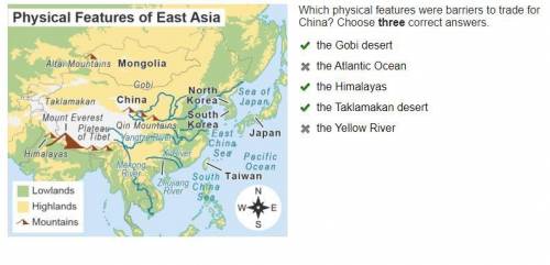 Read the map. A map titled Physical Features of East Asia. A key shows Lowlands in green, Highlands