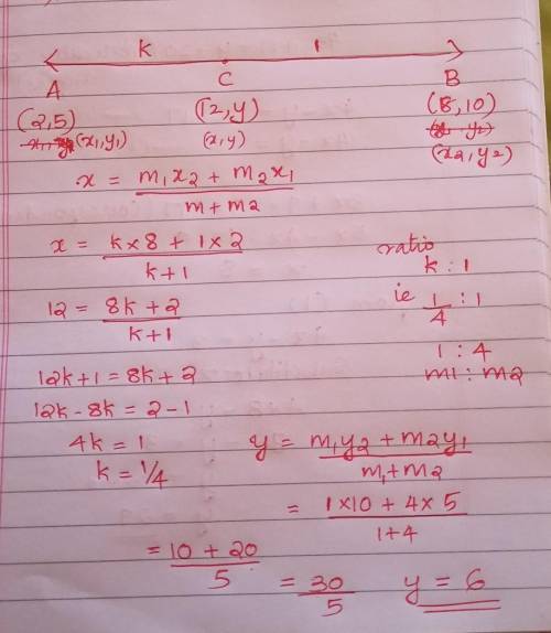 A line passes through (2, 5) and (8, 10). Find the value of y if (12, y) lies on the line.