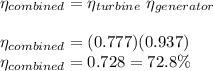 \eta_{combined} = \eta_{turbine}\ \eta_{generator}\\\\\eta_{combined} = (0.777)(0.937)\\\eta_{combined} = 0.728 = 72.8\%