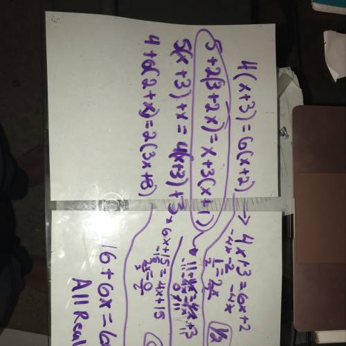 Which equation has no solution?  4(x + 3) + 2x = 6(x + 2) 5 + 2(3 + 2x) = x + 3(x + 1) 5(x + 3) + x 