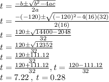 t=\frac{-b\pm\sqrt{b^2-4ac}}{2a}\\t=\frac{-(-120)\pm\sqrt{(-120)^2-4(16)(32)}}{2(16)}\\t=\frac{120\pm\sqrt{14400-2048}}{32}\\t=\frac{120\pm\sqrt{12352}}{32}\\t=\frac{120\pm111.12}{32}\\t=\frac{120+111.12}{32}, t=\frac{120-111.12}{32}\\t=7.22\:,\:t=0.28