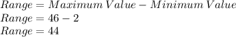 Range=Maximum\:Value-Minimum\:Value\\Range=46-2\\Range=44