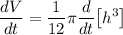 \displaystyle \frac{dV}{dt}=\frac{1}{12}\pi\frac{d}{dt}\big[h^3\big]