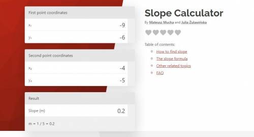 Find the slope of the line passing through the points ( -9,-6) and (-4,-5)