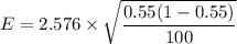 E = 2.576 \times \sqrt{\dfrac{0.55(1-0.55)}{100}}