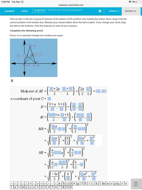 Complete the following proof. prove: in an isosceles triangle two medians are equal.