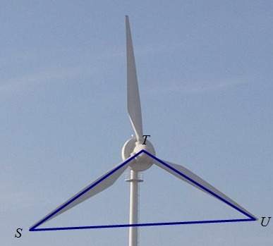 If the angle between each blade of the wind turbine is the same and each blade has a length of 30 me