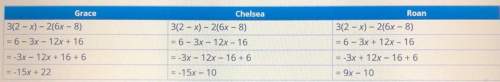 Grace, chelsea, and roan are simplifying the same polynomial expression. which students work is corr