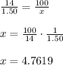 \frac{14}{1.50} = \frac{100}{x}\\\\x = \frac{100}{14}\cdot \frac{1}{1.50}\\\\x = 4.7619\\