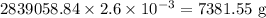 2839058.84\times 2.6\times 10^{-3}=7381.55\ \text{g}