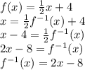 f(x) = \frac{1}{2} x + 4\\x = \frac{1}{2} f^{-1}(x) + 4\\x - 4 = \frac{1}{2} f^{-1}(x)\\2x - 8 = f^{-1}(x)\\f^{-1}(x) = 2x - 8