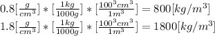 0.8[\frac{g}{cm^{3}}]*[\frac{1kg}{1000g} ]*[\frac{100^{3}cm^{3}  }{1m^{3} } ]=800[kg/m^{3} ]\\1.8[\frac{g}{cm^{3}}]*[\frac{1kg}{1000g} ]*[\frac{100^{3}cm^{3}  }{1m^{3} } ]=1800[kg/m^{3} ]