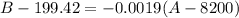 \displaystyle B-199.42=-0.0019(A-8200)