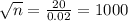 \sqrt{n} = \frac{20}{0.02} = 1000