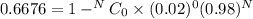 0.6676 = 1 -  ^NC_0  \times (0.02)^0 (0.98)^N