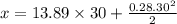x = 13.89\times 30+\frac{0.28.30^2}{2}