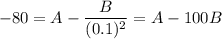 $-80=A-\frac{B}{(0.1)^2}=A-100B$